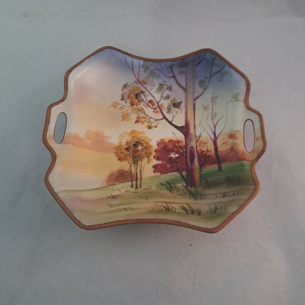 Hand Painted Nippon Japan Two Handle Bowl Landscape Scene Collectible Home Decor